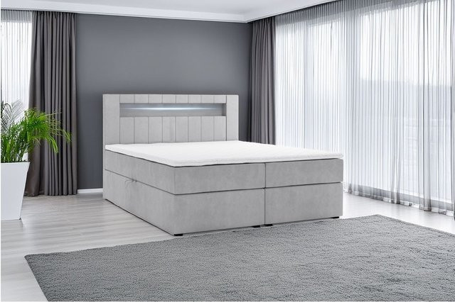 M-Punkt Boxspringbett KUBA mit Bettkasten, Visco Topper und LED-Unterbettbeleuchtung, Webstoff Grau, B/T/H: 160 x 200 cm - Bild 1