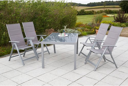 Merxx Gartenmöbelset Taviano 5-teilig aus Aluminium und Textil mit Sicherheitsglas in Silber und Braun, Tisch Breite: 150 cm, Tiefe: 90 cm, Höhe: 76 cm und 4 Klappsesseln - Bild 1