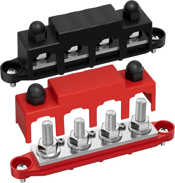 Stromverteilerblock 12V Sammelschiene für Auto und Solarverkabelung mit 5 x 1/4 Zoll M6 Bolzen, DC 250 A, Schwarz und Rot - Bild 1