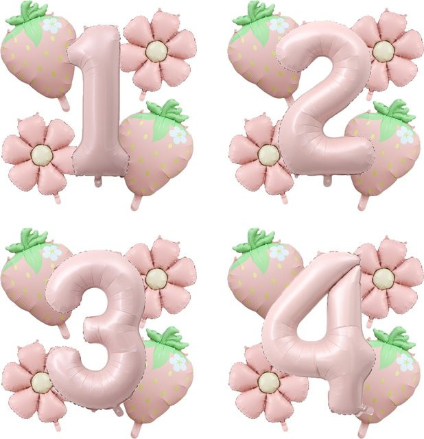 LQZZY 5er Set Folienballons mit Erdbeer- und Blumenmotiven sowie rosa Zahlenballon für Mädchen Geburtstag und Sommerparty, Höhe: 101,6 cm, Farbe: Rosa - Bild 1