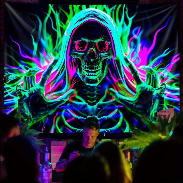 VIKAMA Halloween Dark Night Skelett-Wandteppich mit Neon-Blitzmuster in Multicolour, Gothic-Dekoration für Electro Partys, B/H: 40 x 40 cm - Bild 1