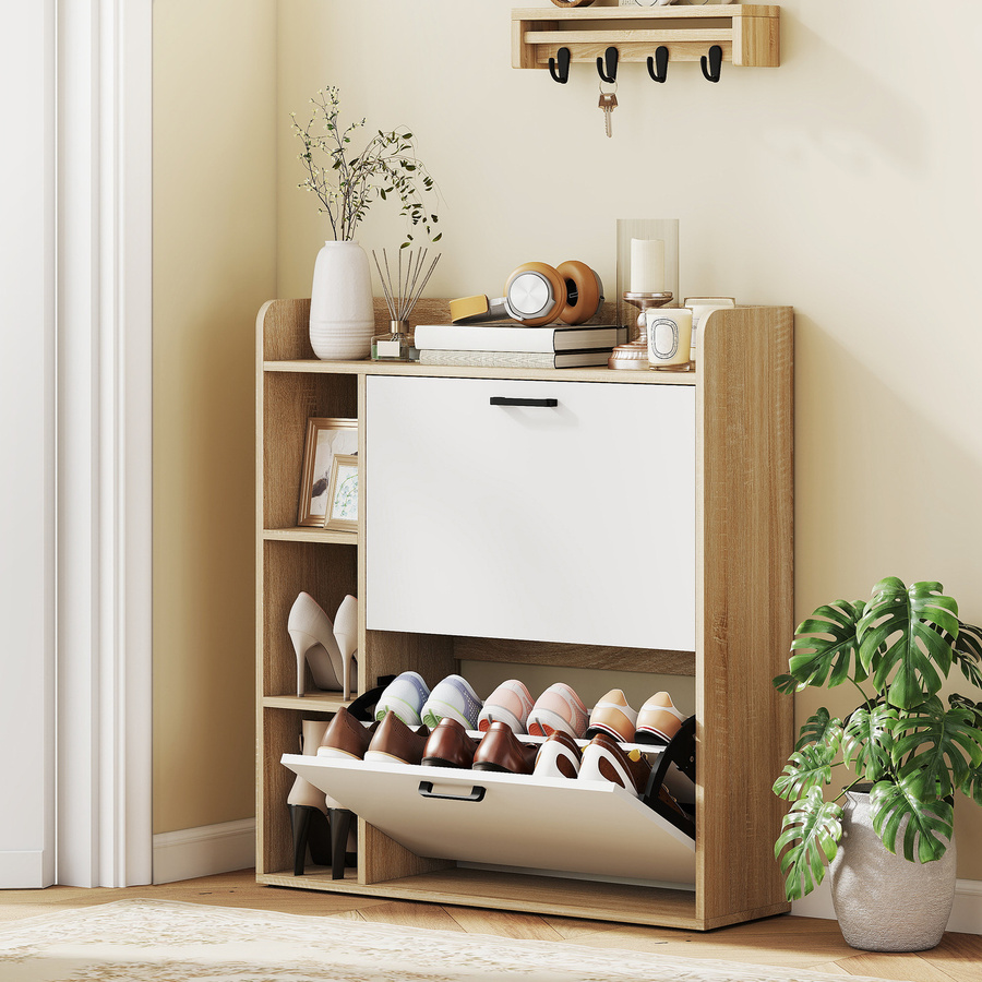 HOMCOM Schuhschrank für 15 Paar Schuhe in Naturholzoptik, moderner Schuhschrank mit 2 klappbaren Fächern, verstellbaren Einlegeböden und 3 seitlichen Fächern für Flur und Eingangsbereich, B: 83 cm, T: 24 cm, H: 90,5 cm - Bild 2