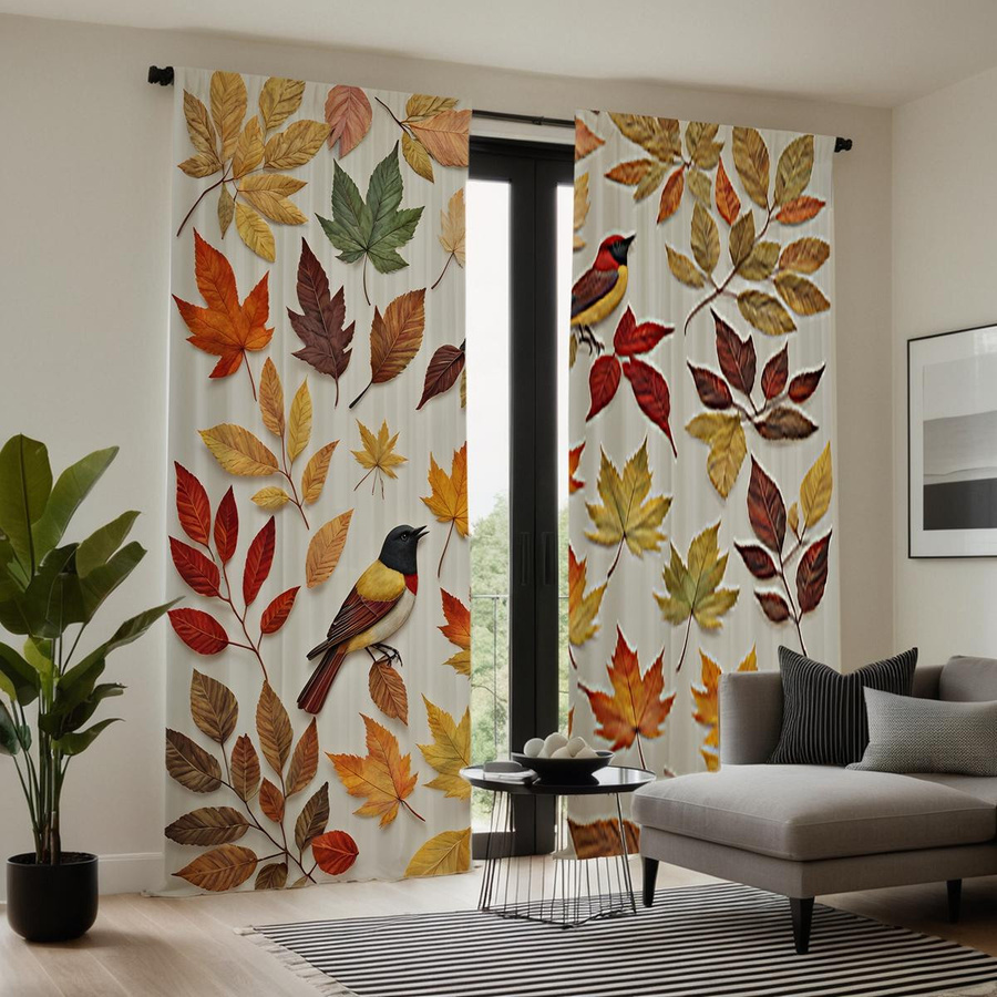 2er-Set Vorhänge mit Ahornblatt-Print von Household supplies MH, Gelb/Mehrfarbig, B: 132 cm, H: 160 cm - Bild 3