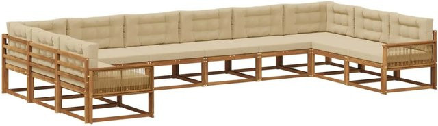 vidaXL Outdoor-Sofagarnitur in U-Form aus massivem Akazienholz mit Polstern und Kissen in Natur-Beige - Bild 1