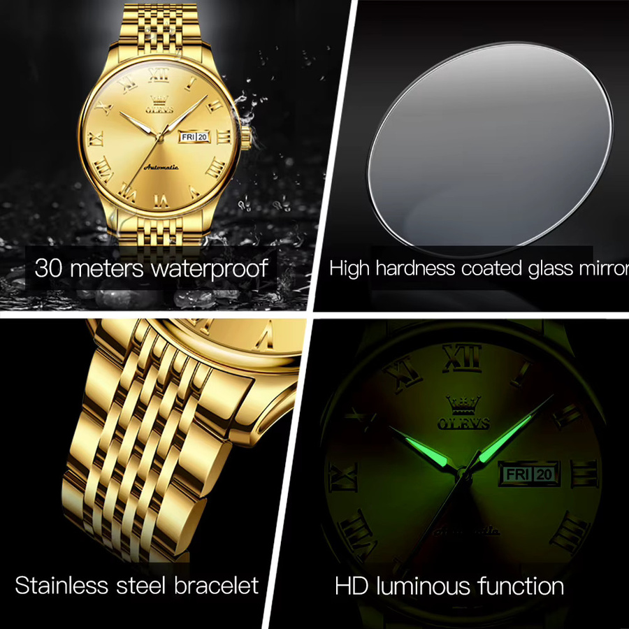Olevs Armbanduhr Automatik, Edelstahl, Gold, Herren - Bild 3