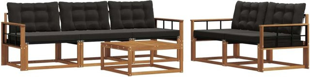 vidaXL Outdoor-Sofagarnitur 6-teilig aus Akazienholz und Textilene in Natur und Schwarz mit Kissen und Tisch - Bild 1