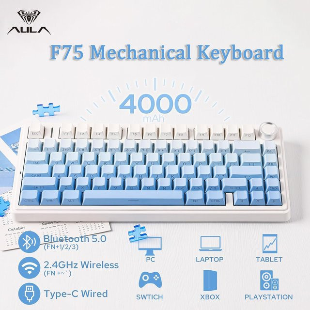 AULA F75 Mechanische Gaming-Tastatur mit RGB, 75% Layout, OEM Profil und Gasket Mount, Kabellos via Bluetooth oder 2,4G sowie Kabelgebunden, Schwarz - Bild 1