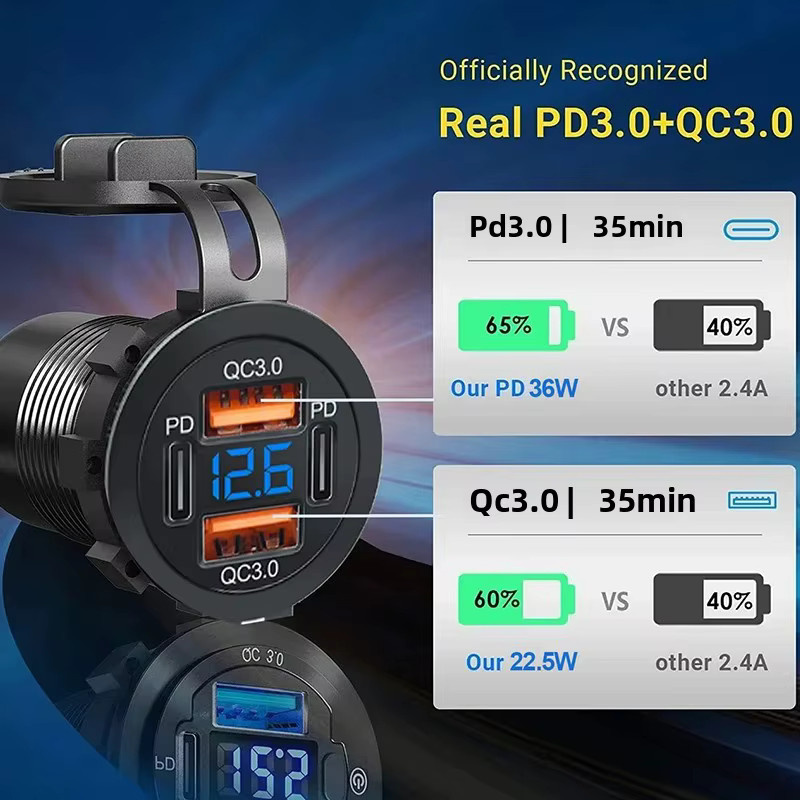Velev 117 W Dual PD und Dual QC 3.0 USB Auto Ladegerät mit Voltmeter in Schwarz für 12 V/24 V Auto und Boot - Bild 5