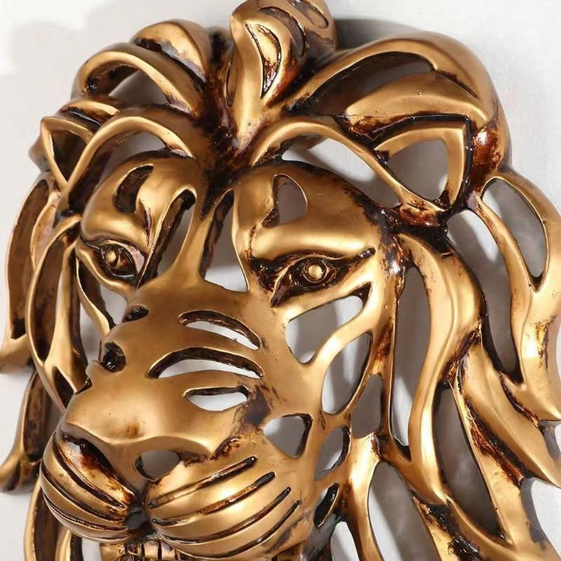 YJSTY Löwenkopf Skulptur aus Kunstharz als Wanddeko in Gold - Bild 2