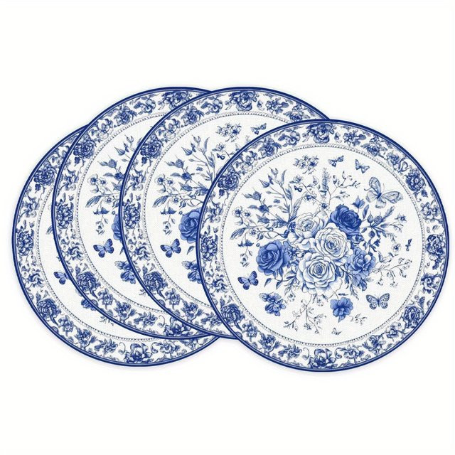 VIKAMA 4er Set Tischsets American Country Style mit blauen und weißen Blumen und Schmetterlingen, rund, wasserdicht - Bild 1