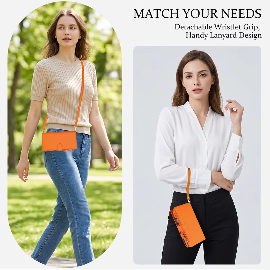 HQBBRO Crossbody Lederhülle für iPhone 11 bis 17 Pro Max mit Kartenfach und langer Umhängekordel, MagSafe-kompatibel, Weiß und Orange - Bild 4
