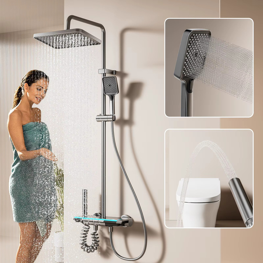 GECOFEER Badezimmer-Duschsystem mit vierstufiger Regendusche, digitaler Anzeige und Kupferarmatur in Gold - Bild 5