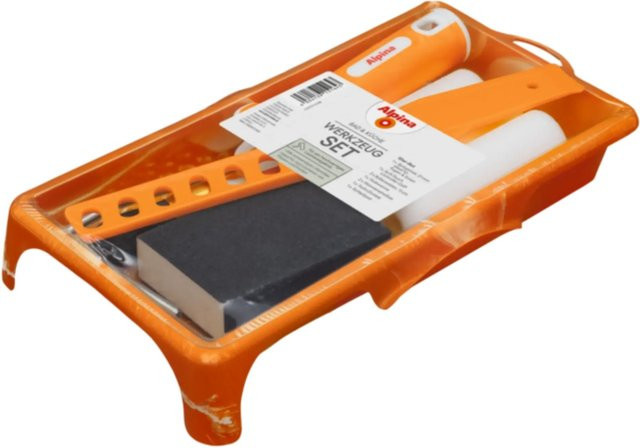 Alpina 10-teiliges Werkzeug-Set für Bad und Küche in Orange mit Pinsel, Rolle und Farbwanne - Bild 1