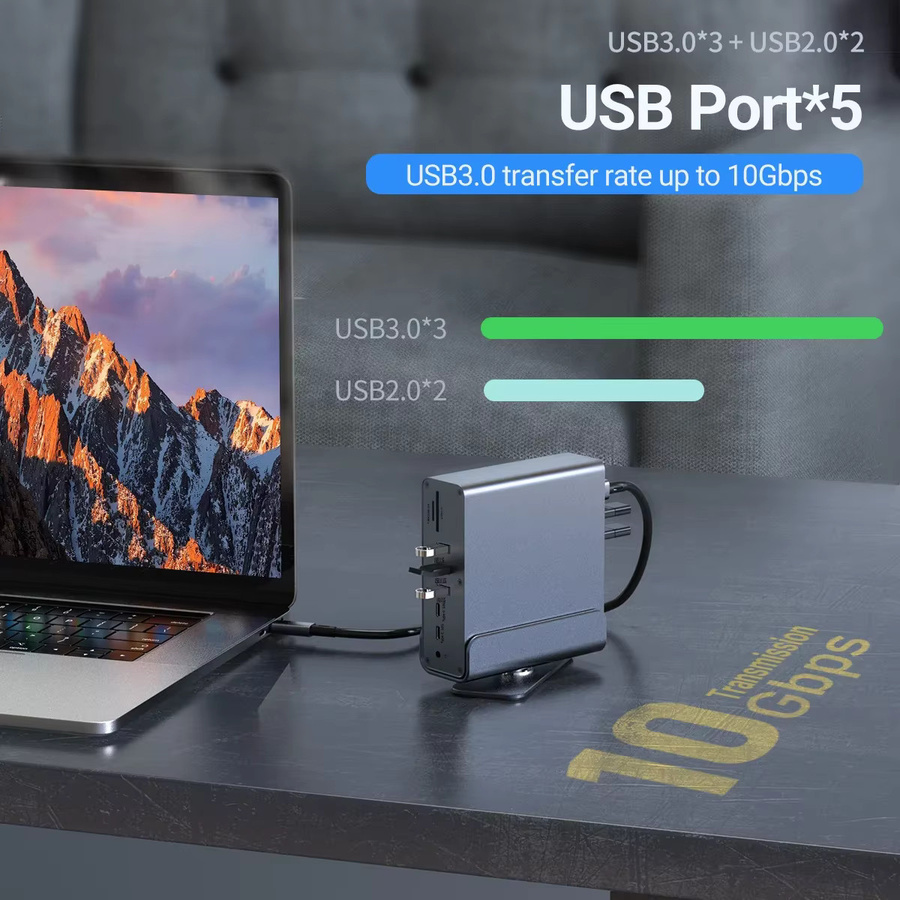 Kebidumei 15 in 1 USB C Docking Station in Grau mit HDMI, DisplayPort 4K UHD, RJ45 Gigabit Ethernet, USB 3.0, PD 3.0, SD/TF Kartenleser und 3,5 mm Audio Anschluss - Bild 5
