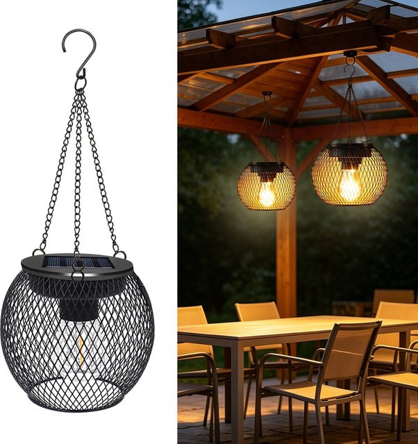 Amaryllis Solar-Laternen aus Metall in Schwarz mit warmweißem LED-Licht, Retro-Design mit Haken für Garten und Terrasse, IP65 wasserdicht - Bild 1