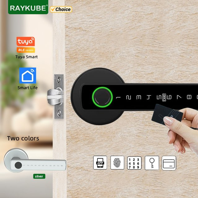 RAYKUBE M5 Tuya BLE Smart Fingerprint Türschloss mit Passwort, Schlüssel, IC-Karte und Smartlife/Tuya App Entsperrung in Schwarz oder Silber - Bild 1
