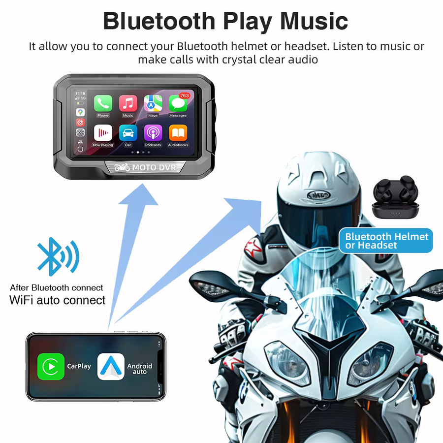 Grandnavi Tragbare 3,4 Zoll Motorrad GPS Navigation mit Wireless CarPlay und Android Auto, DVR Stick Recorder mit WIFI, IP67 Wasserdicht, Schwarz - Bild 5