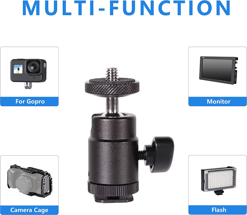 Lousxy Mini-Kugelkopf-Blitzschuh-Halterung mit 1/4 Zoll Adapter für Canon Nikon DSLR und Video-Kameras in Schwarz - Bild 4