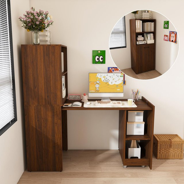 Ausziehbarer Schreibtisch mit Aufbewahrungsschrank in Dunkelwalnuss, platzsparender Sekretär mit klappbarer Tischplatte und Regalen für Schlafzimmer und Home Office - Bild 1