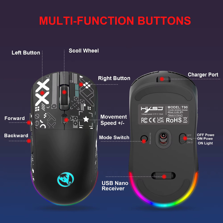 HXSJ Kabellose Gaming-Maus mit RGB-Beleuchtung, 3-Modus, USB-C Aufladung und 6 programmierbaren Tasten in Schwarz oder Weiß - Bild 2