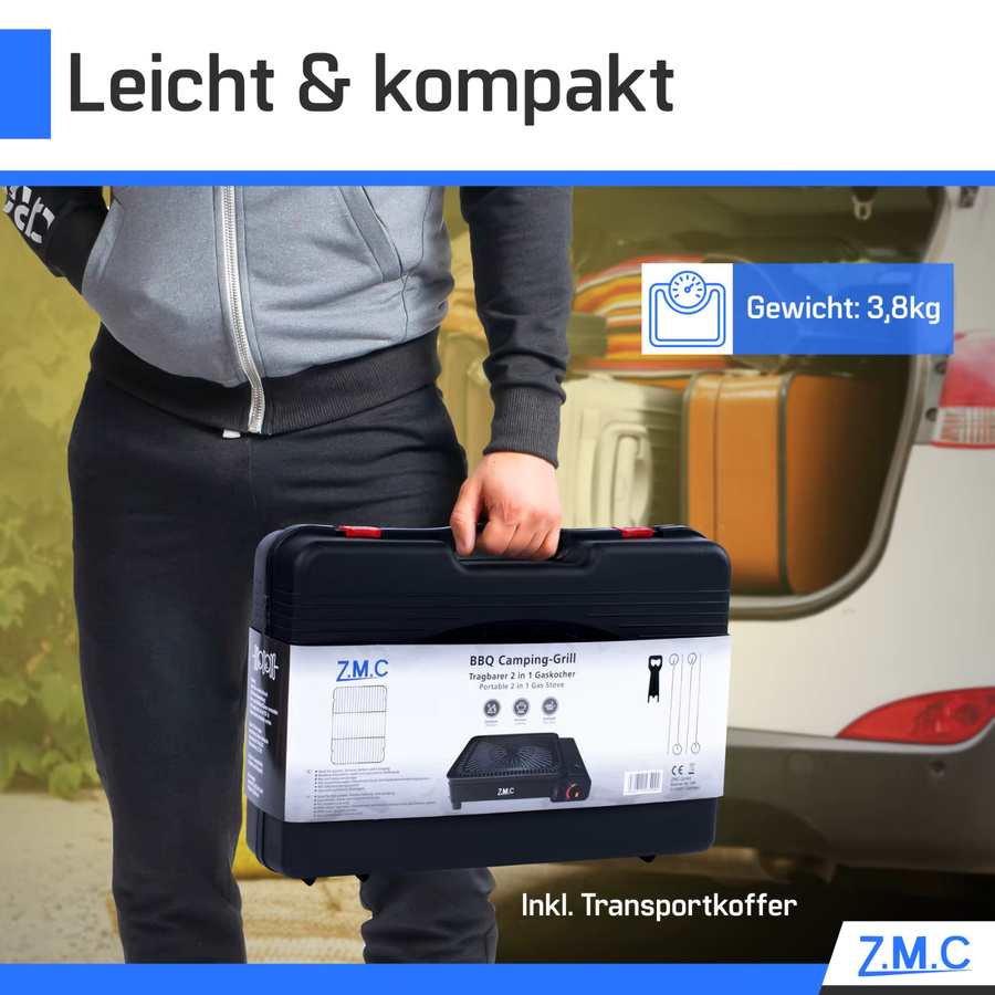 Z.M.C 2-in-1 Campingkocher und Gasgrill mit 2,2 kW Leistung, Piezo-Zündung und LPG-Anschluss, Schwarz, Tragbar mit Koffer - Bild 6