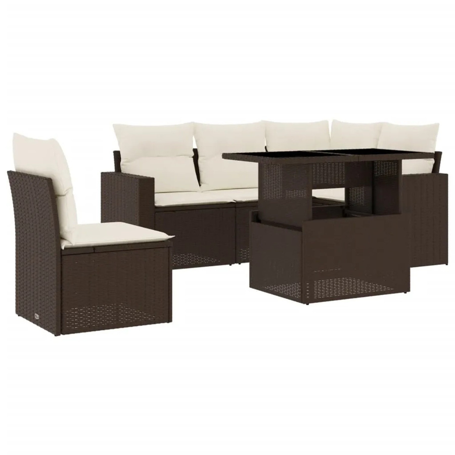 vidaXL 6-teilige Garten-Sofagarnitur in L-Form aus braunem PE-Rattan mit cremeweißen Polsterkissen und pulverbeschichtetem Stahlgestell - Bild 2