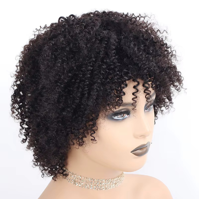 Linhua Kinky Curly Perücke, 4A Lockiges Echthaar mit Pony, Damen - Bild 2