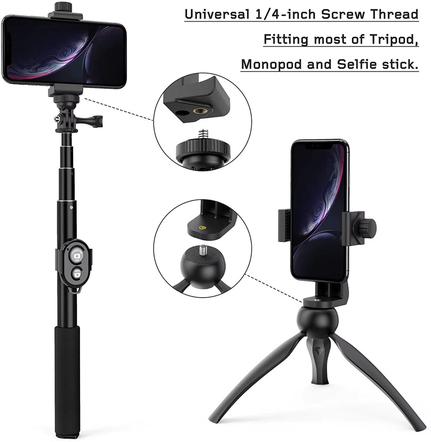 GOT-TOG 360 Grad Handyhalterung mit universeller 1/4 Zoll Schraube und verstellbarer Klemme in Schwarz als Handy-Stativ Montage-Adapter für Smartphones - Bild 4