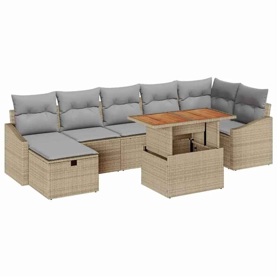 vidaXL Garten-Sofa-Set aus Polyrattan in Beige, 8-teiliges L-Shape Lounge-Set mit Kissen, Ottomane und Couchtisch inklusive integriertem Stauraum - Bild 2