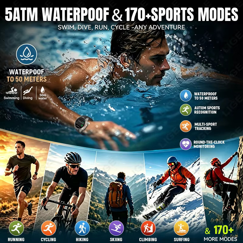 LIGE Taktische Outdoor GPS Smartwatch mit Offline-Karte, Kompass und Herzfrequenzmesser, 5ATM Wasserdicht, Bluetooth Telefonie, Farbe: Schwarz - Bild 5