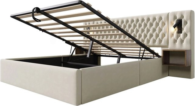 okwish Polsterbett Beige mit hydraulischem Stauraum, USB-Anschluss und integriertem Leselicht, B/T/H: 180 x 200 x 261 cm - Bild 1