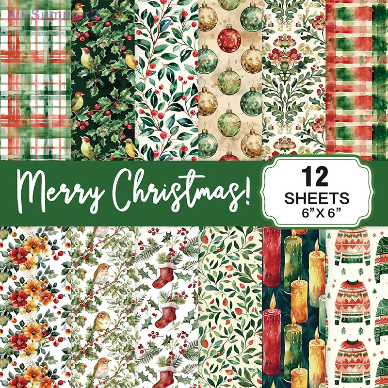 Weihnachts-Scrapbook-Papierblock mit 12 Blättern, 6 x 6 cm, glitzernde Konfetti-Schneeflocken, einseitig bedruckter Karton, 160 g/m2, säurefrei, mehrfarbig - Bild 4