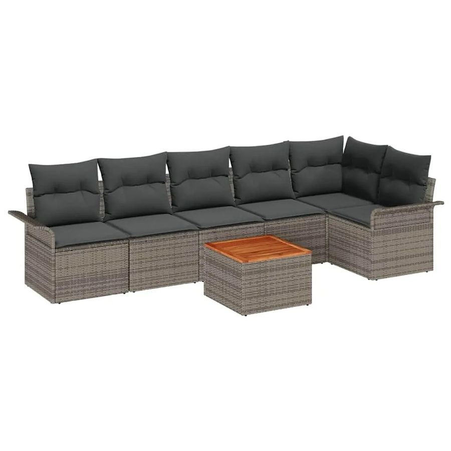 vidaXL 7-teiliges Garten-Sofa-Set aus Poly Rattan und Akazie in Grau mit Kissen und Stauraum - Bild 2