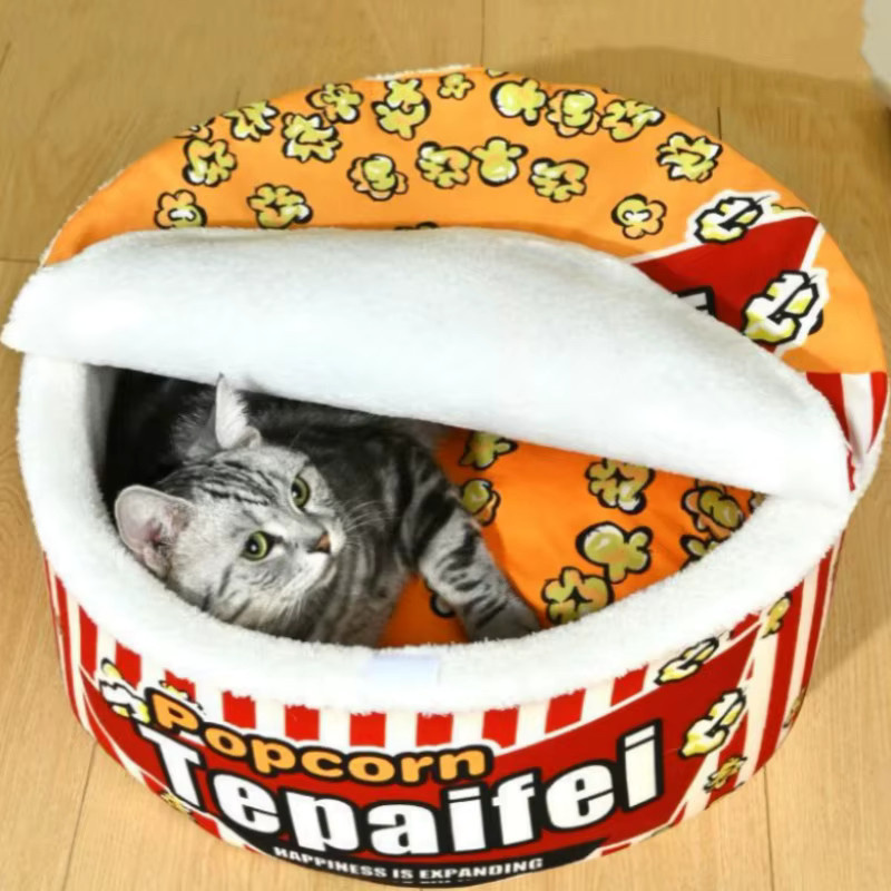 Booteely Katzennest Warmes Schlafnest für Katzen in Weiß gestreift - Bild 3
