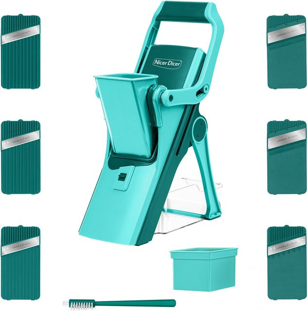 Nicer Dicer Mando Gemüseschneider Mandoline mit mehreren Klingen aus Edelstahl und Kunststoff, 12-teilig, Türkis - Bild 1