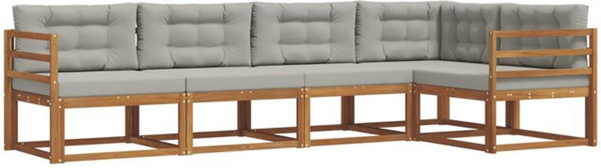 vidaXL Outdoor-Sofagarnitur aus Akazie mit Kissen, 5-teiliges Loungemöbel-Set in Natur und Grau - Bild 1