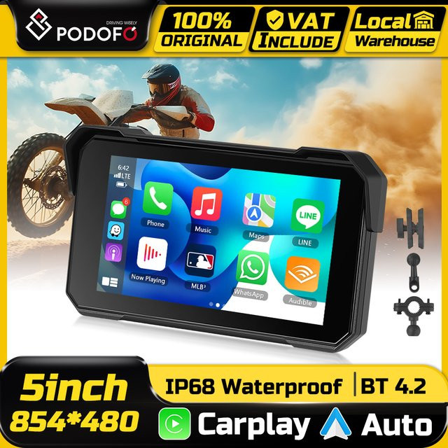 Podofo 5 Zoll Carplay Motorrad-Armaturenbrett Universeller Smart-Player Android Tragbarer Auto-Monitor mit IP68 Wasserdichtigkeit und Reifendruck-Überwachungssystem in Schwarz - Bild 1