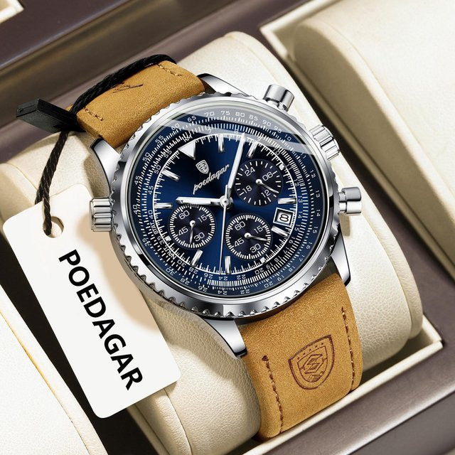 POEDAGAR Chronograph, Quarz, Leder, Blau, Herren - Bild 1