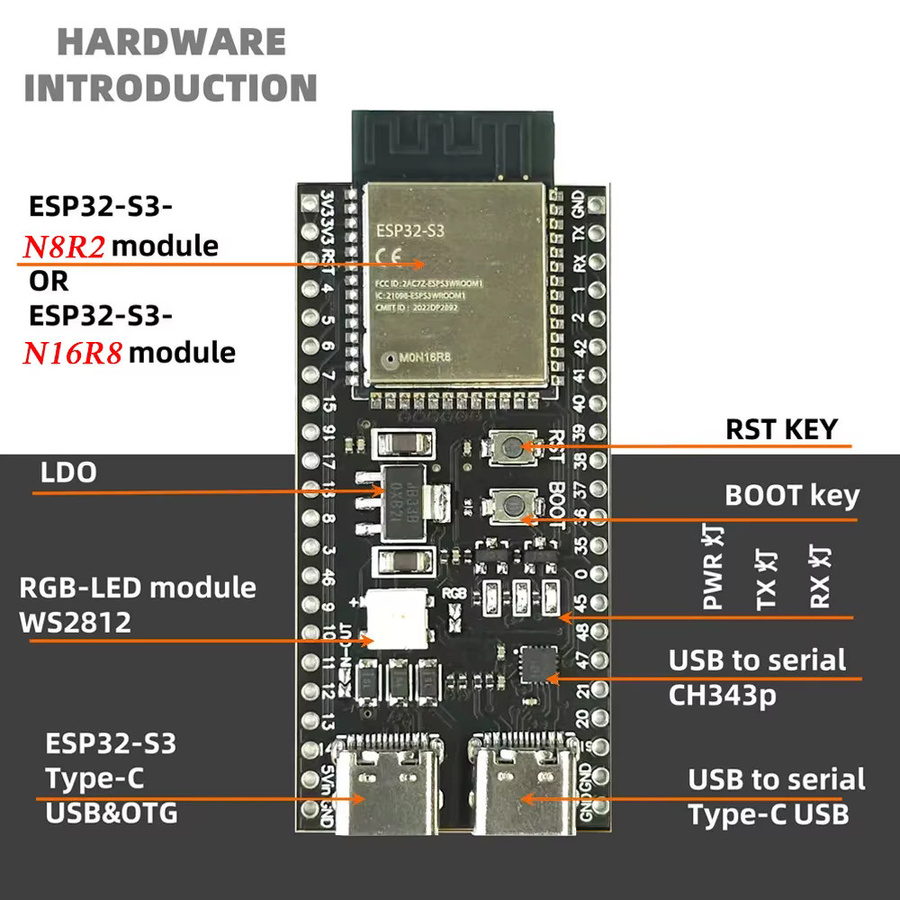 ESP32-S3 Entwicklungsboard mit 2,4G WLAN-Modul, Typ-C Anschluss und 8M PSRAM für Arduino und ESP IDF - Bild 2