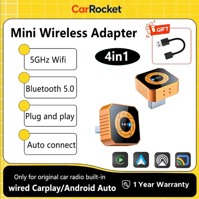 CarRocket 4-in-1 Kabelloser CarPlay Adapter mit Airplay Mirror Link, WiFi und Bluetooth für Android Auto und Smart Car System, Orange - Bild 1