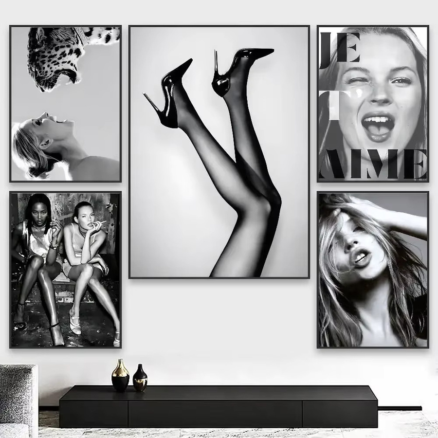 Potdemiel Kate Moss Portrait Leinwand Wandkunst in Schwarz-Weiß für moderne Wohnzimmer und Schlafzimmer - Bild 2