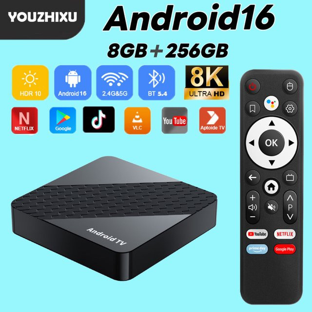 Smart X10 Android 16 TV-Box mit 8 GB RAM und 256 GB Speicher, Rockchip RK3518, 8K Video, Bluetooth 5.4 und Google Assistant, Schwarz - Bild 1