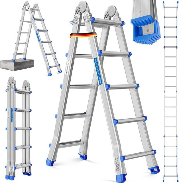 MASKO 6in1 Mehrzweckleiter aus Aluminium in Silber mit 20 Sprossen, ausziehbar und rutschfest, Belastbarkeit 150 kg, Höhe: 520 cm - Bild 1