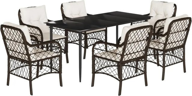 vidaXL 7-teilige Garten-Essgruppe aus Poly-Rattan mit Kissen in Braun und pulverbeschichtetem Stahl mit gehärtetem Glas - Bild 1