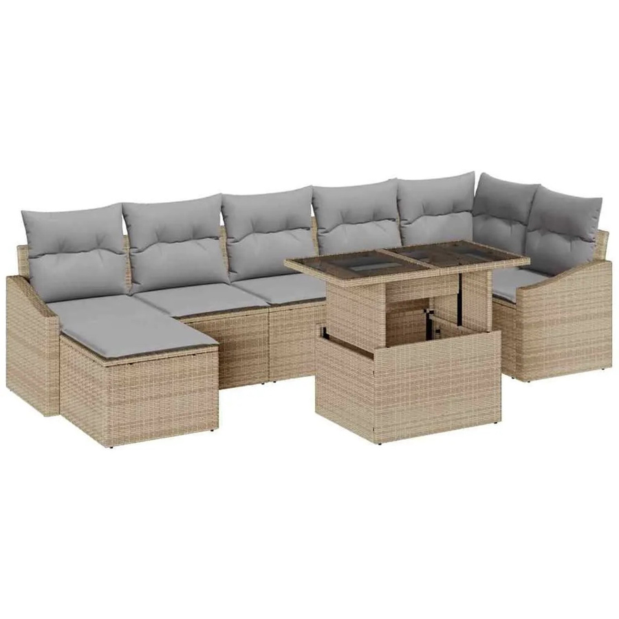 vidaXL Garten-Sofa-Set 8-teilig in L-Form mit Kissen, Beige und Hellgrau, Poly-Rattan und pulverbeschichtetem Stahl - Bild 2