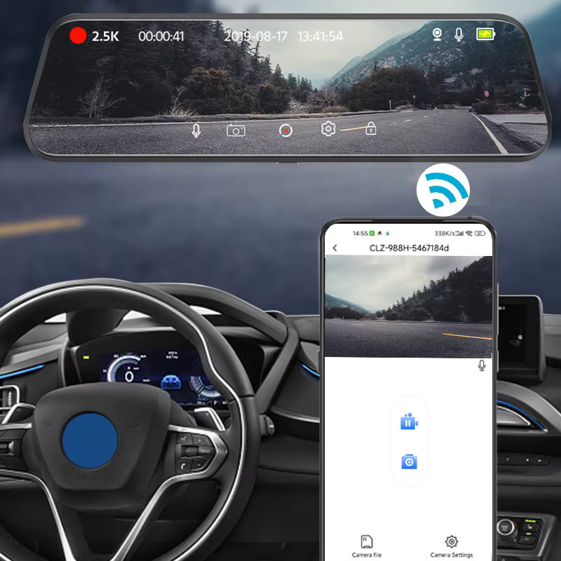 E-ACE 2K Auto Dashcam mit WIFI und GPS, Spiegel-Dashcam mit 1080P Videoaufnahme, Nachtsicht und 24H Parkmodus, Schwarz - Bild 3