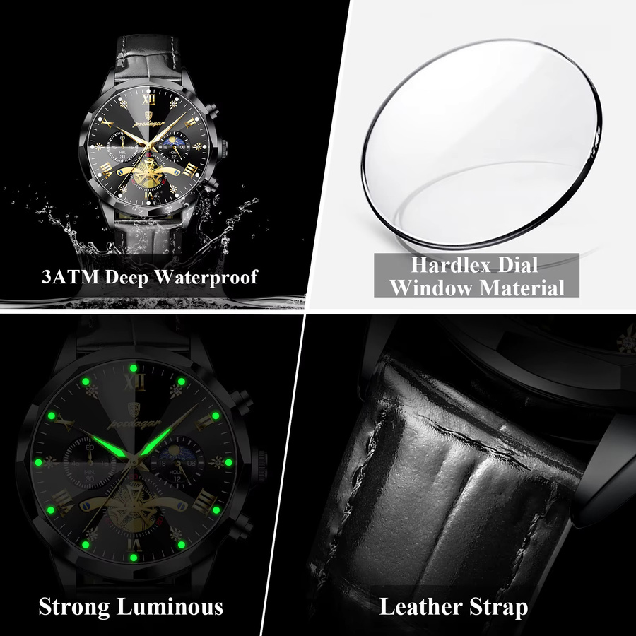 POEDAGAR Armbanduhr Chronograph, Quarz, Leder, Schwarz, Herren - Bild 4