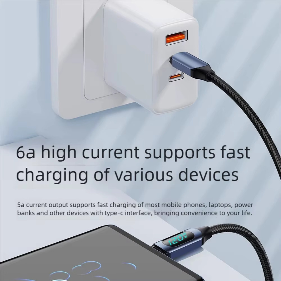 USB-A auf USB-C Datenkabel mit digitaler Anzeige, 120W Schnellladekabel 6A für iPhone, Samsung, Xiaomi und Huawei, Schwarz oder Blau - Bild 3