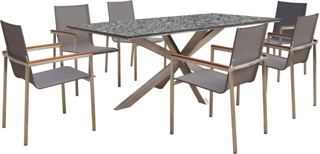 OUTFLEXX Garten-Essgruppe aus Edelstahl, Granit und Teak in Silber und Anthrazit mit 6 Stapelsesseln, Tisch B: 200 cm, T: 100 cm - Bild 1