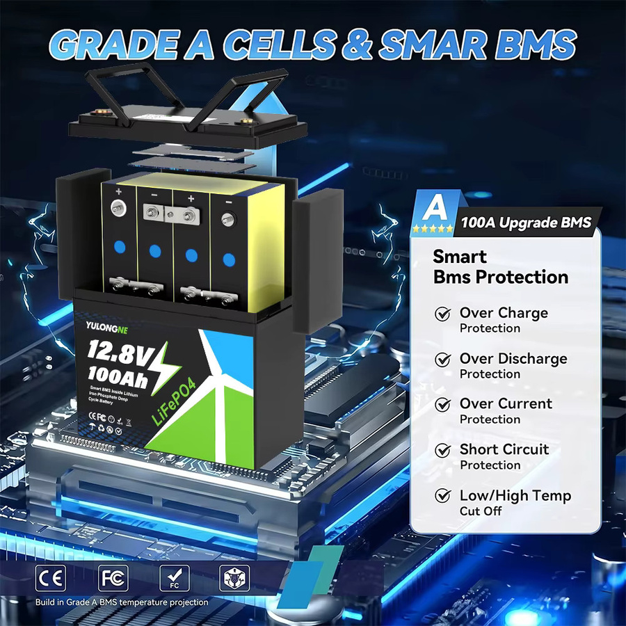 YULONGNE LiFePO4 Batterie 12V 100Ah 12,8V 300Ah Wiederaufladbare Lithium-Batterie mit BMS-Schutz 1280Wh Energiespeicherbatterie in Schwarz für Marine, Wohnmobile und Solaranlagen - Bild 3